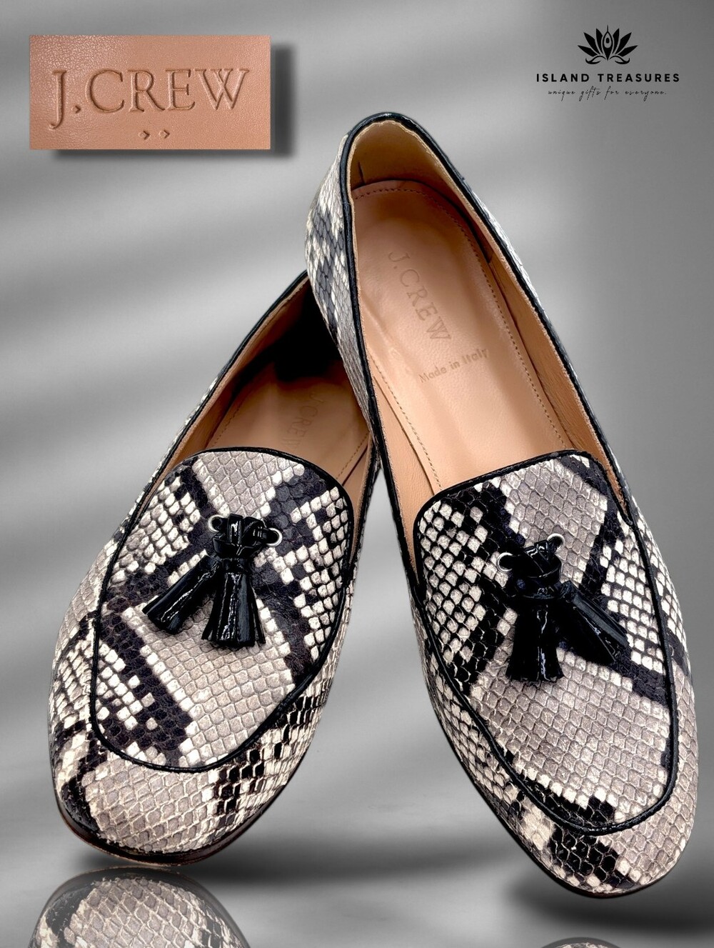 J.Crew Charlie Sz 7 Women's Snakeskin-Printed Leather Black/White Tassel Loafers